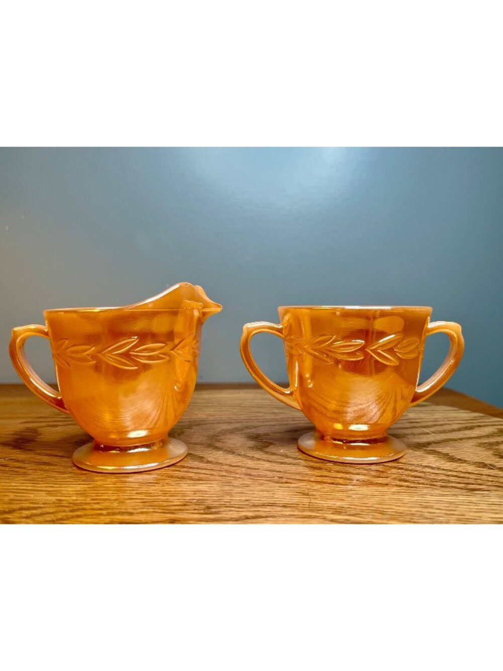 Vtg Fire King Peach Luster Laurel Pattern Creamer & Sugar Bowl Set